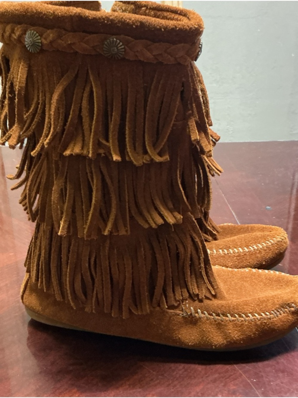 Minnetonka Brown Suede Fringe 3 layer Moccasin Boots Sz 7. 1077 - Picture 5 of 15